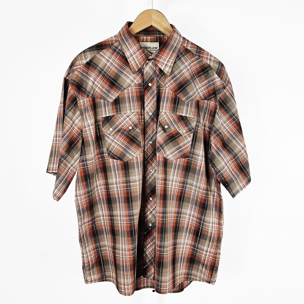 Rustler Wrangler Pearl Snap Red Metallic XL Western Short Sleeve Button Shirt